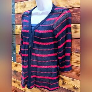 SMALL CHRIS & CAROL BOTTON FRONT CARDIGAN SWEATER HALF SLEEVE RED & NAVY BLUE